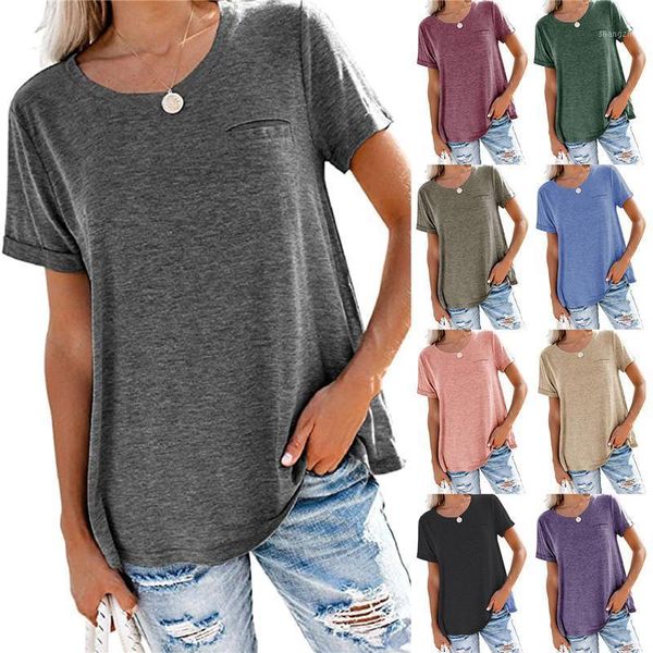 

women's t-shirt women summer solid color round neck short sleeve casual loose shirts with pocket for female clothes tees homewear, White