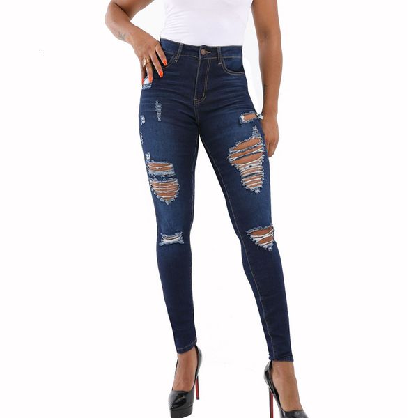 

jean est women stretch cotton ripped distressed skinny high waist denim pants jeans pencil trousers, Blue