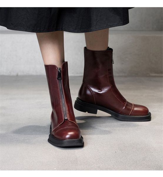 

winter women boots with front zipper chunky heel square toe genuine leather tooling boots versatile tennis red flat boots 210507, Black
