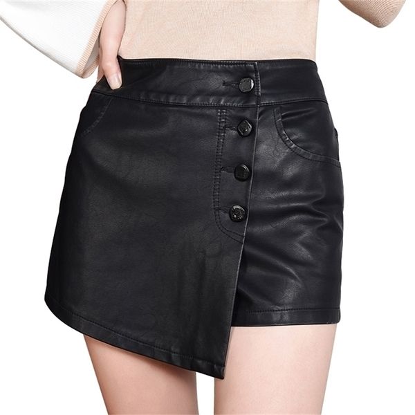 Gefälschte zweiteilige Röcke Shorts Frauen Schwarz PU Leder Shorts Mädchen Hohe Taille Einreiher Kurze Hosen Sexy Kleidung Neue 210412