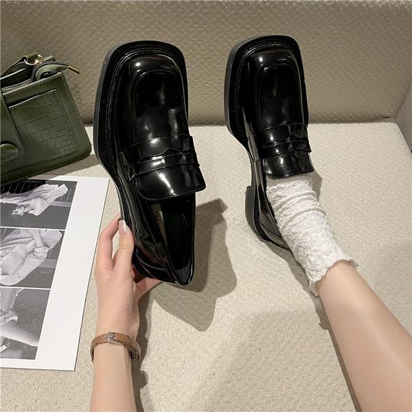 

dress shoes brand design british style chunky heel platform loafers for women 2021 patent leather square toe goth, Black