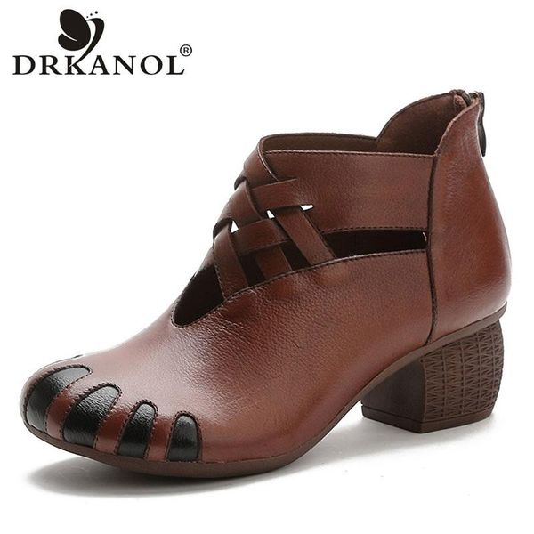 

boots drkanol brand vintage women ankle ethnic style round toe back zipper genuine leather thick heel ladies casual shoes, Black