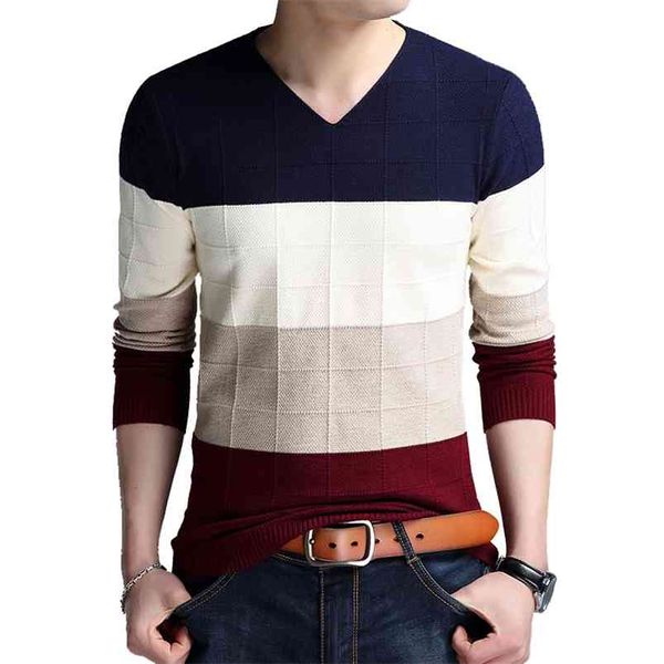 TFETTERS Markenpullover Herbst Herren Langarm T-Shirt V-Ausschnitt Slim Pullover Gestricktes gestreiftes Unterhemd Große Größe M-4XL 210818