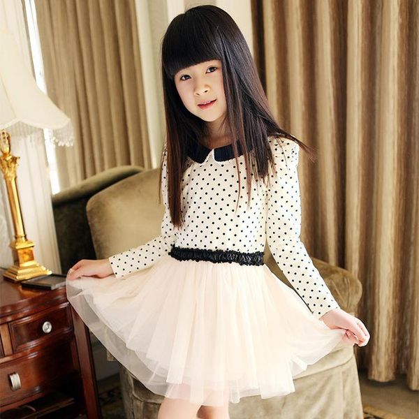 

girl's dresses kids wear girls lovely clothing cotton long sleeve polka dot children dress chiffon cute size 150 160 for big girl, Red;yellow