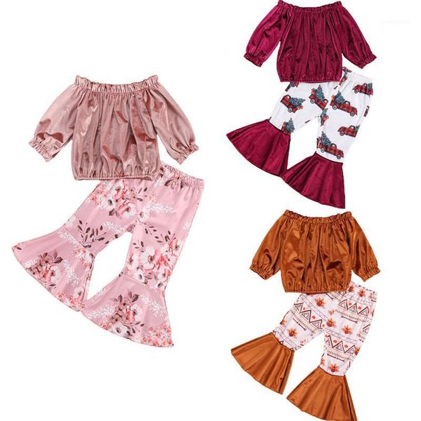 

clothing sets 2021 fashion kids baby girls clothes velvet long sleeve off shoulder print flare pants 2pcs autumn outfit1, White