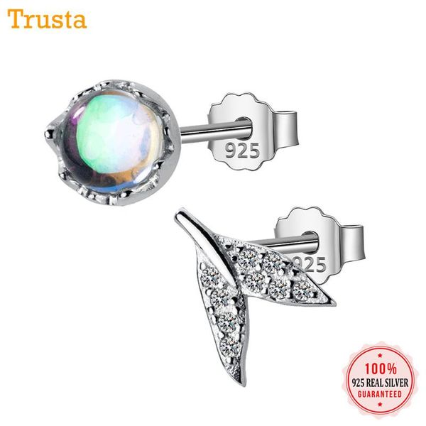 

stud trustdavis 100% 925 solid sterling silver synthetic glass asymmetrical fish tail cz earrings for women girls kids lady da55, Golden;silver