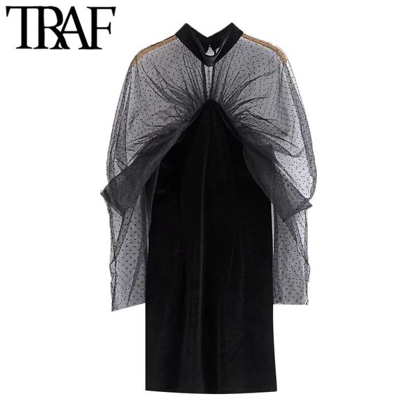 

traf women fashion semi-sheer patchwork velvet mini dress vintage high neck long sleeve female dresses vestidos 210415, Black;gray