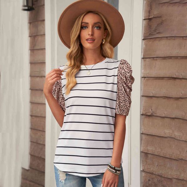 

summer t shirt shiying stripe women's style bubble sleeve splicing round ne short 2522367, White