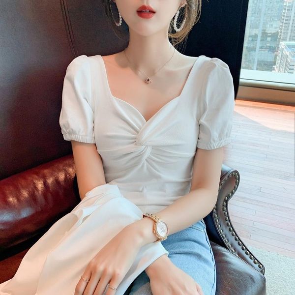 

women's t-shirt short-sleeved short summer dress 2021 tight-fitting clavicle french square neck puff sleeve trend, White