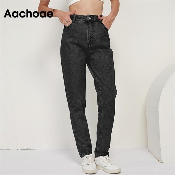 

aachoae fashion 100% cotton mom jeans women high waist solid pockets cowboy pants zipper fly long denim pencil trousers 210924, Blue