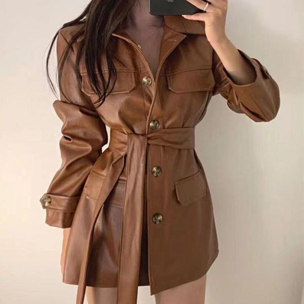 

women's leather & faux [ewq] korean temperament lapel single breasted multi pocket lace up waist long sleeve medium coat women 2021 6e4, Black