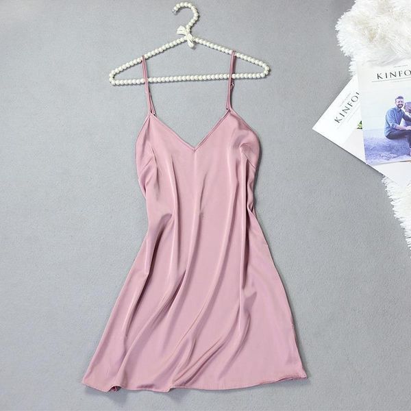 

women sleepwear deep v sleeveles ice silk nightgown reveal back, Black;red