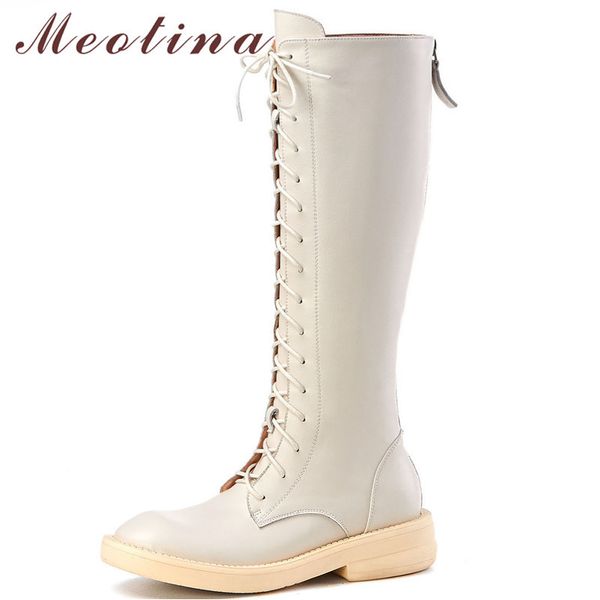 

autumn knee high boots women natural genuine leather flat long real zipper shoes female winter size 34-39 210517, Black