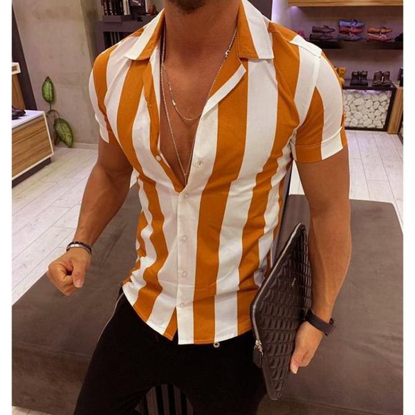 

men's casual shirts shirt summer striped short sleeve for men stand collar male fashion single-row button clothes, White;black