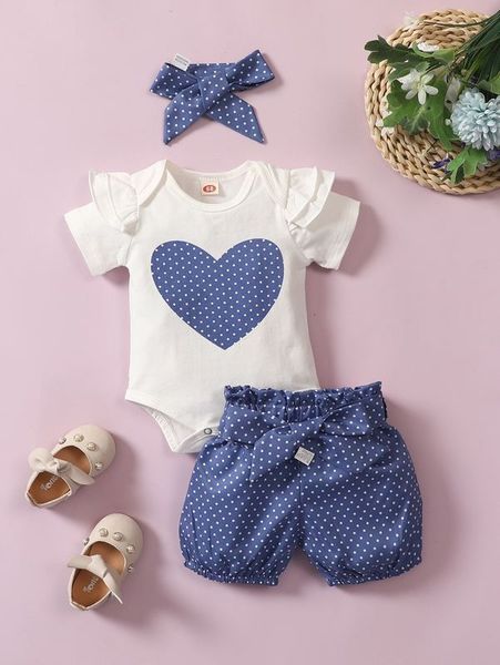 

baby girl polka dot and heart print bodysuit & belted shorts & headband she, White
