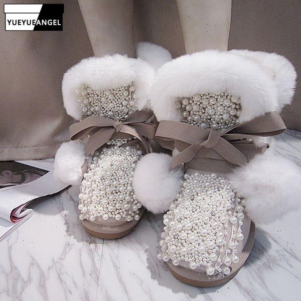 

hairball genuine leather pearls beading stereoscopic flowers fur snow boots cow suede round toe womens flat ankle boot, Black