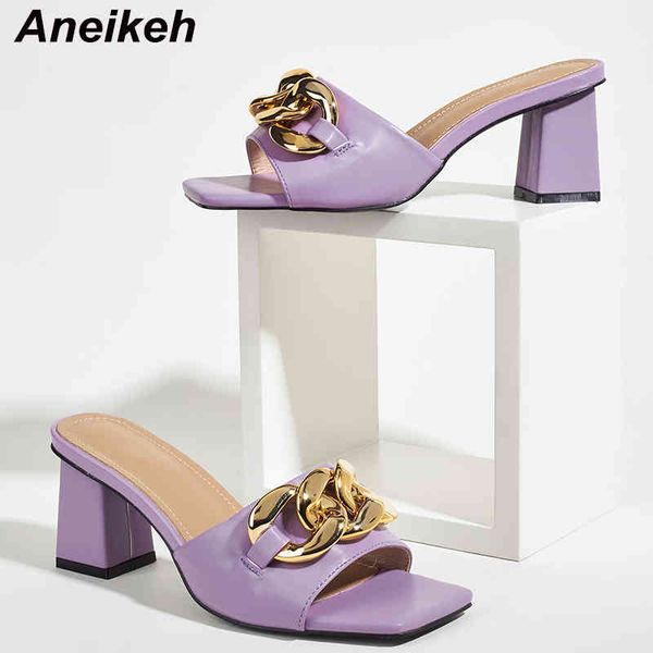

fashion pu women shoes summer square heel peep toe slipper novelty shallow metal decoration patchwork elegant 210507, Black
