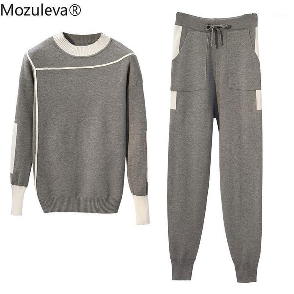 

two piece dress mozuleva 2021 spring plus size 2 pieces set women pullovers sweater stripe knit jumper & pants suits long sleeve tracks, White