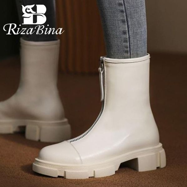 

boots rizabina fashion women ankle shoes real leather zipper square heel short winter daily ladies footwear size 34-40, Black