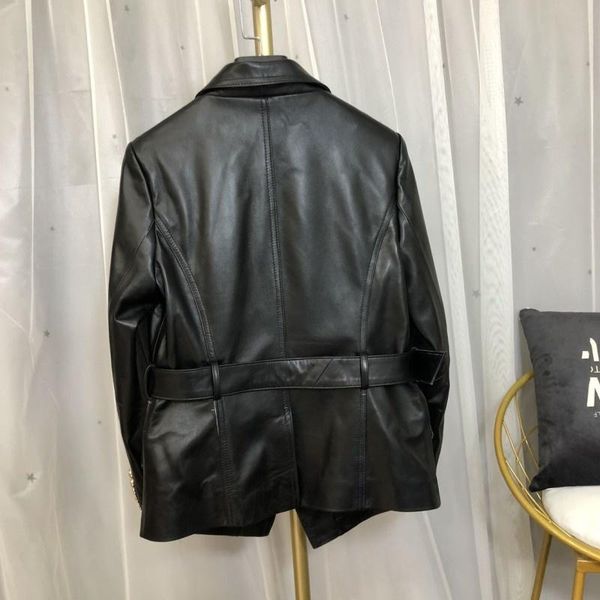 

women's leather & faux breasted double womens genuine jacket office lady turn-down collar black elegant coat autumn sheepskin fashion o