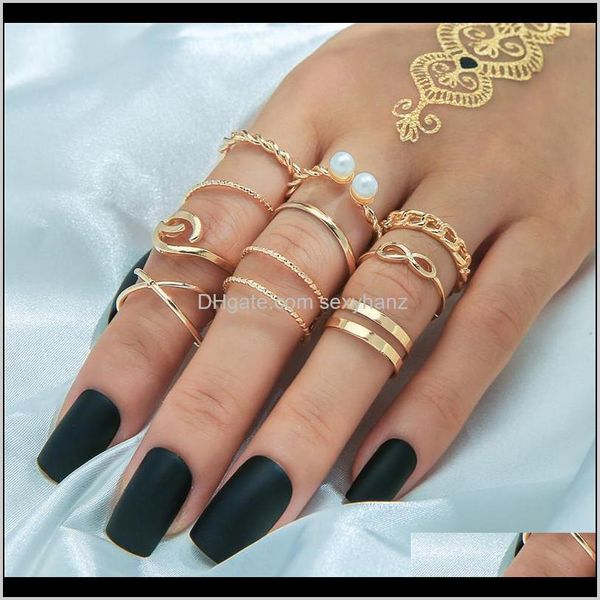 

cluster drop delivery 2021 vintage gold sier color pearl geometric rings set for women boho knuckle finger ring female fashion jewelry 10pcs, Golden;silver