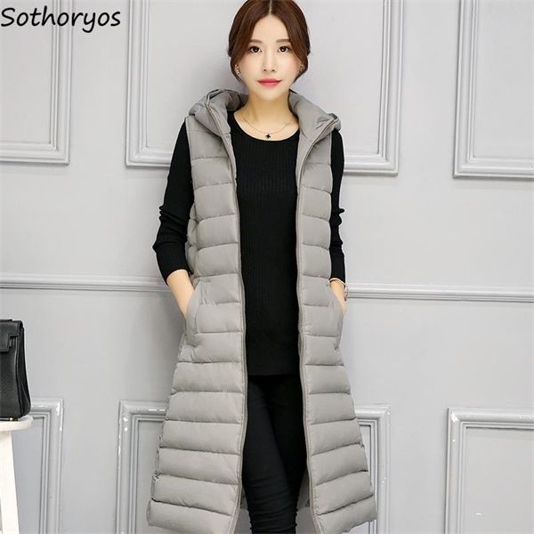 

waistcoats women elegant thicken hooded pockets cotton winter warm long style solid ladies vests zipper leisure womens overcoats, Black;white