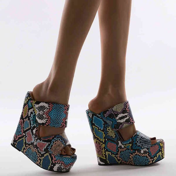

sandals color snake print wedge women's slippers plus35-42 peeping toes hollow shoes 16cm super high heels platform k304, Black