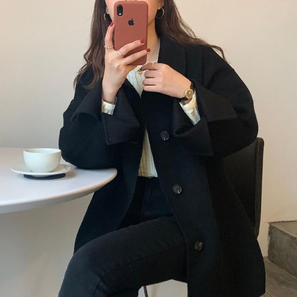 

women's wool & blends black lapel woolen coat for fall/winter 2021 style korean college long female hepburn rm*