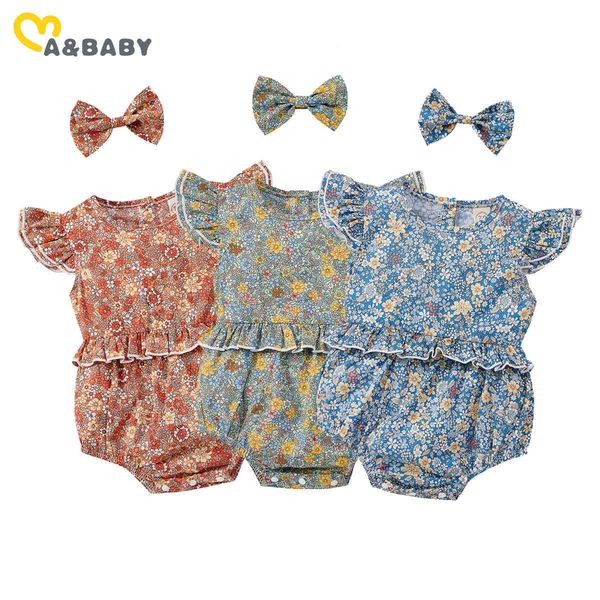 

0-18m summer flower infant born baby girl romper ruffles sleeveless jumpsuit playsuit vintage floral clothing dd15 210515, Blue