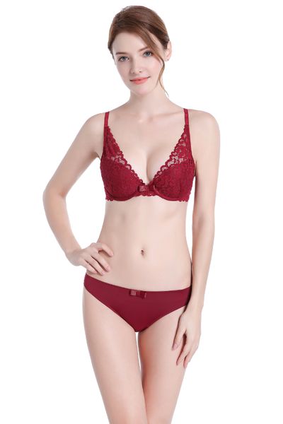 

bra set style suit lace thin bottom thick gathered comfortable lingerie, Red;black
