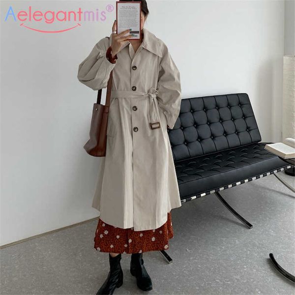 

aelegantmis women casual long trench coat with sashes double breasted women's windbreaker oversized 3color outerwear korean 210607, Tan;black
