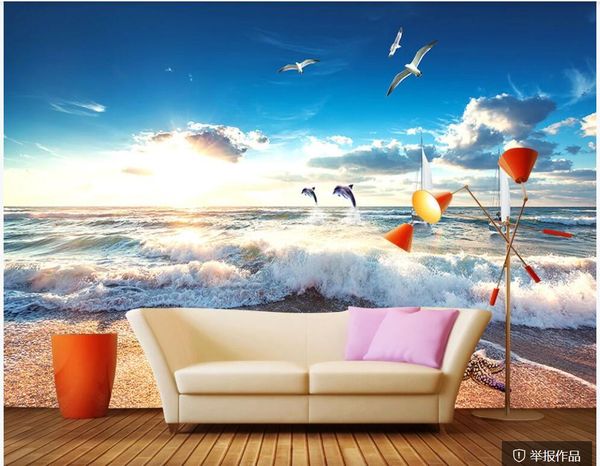 

wallpapers wall paper 3 d home decor custom mural sea beach waves seagulls dolphins landscape po wallpaper in the living room