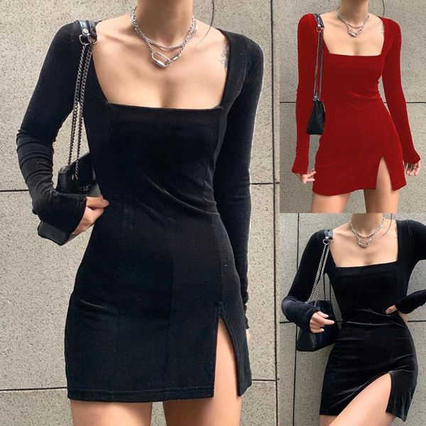 

woman dress solid color long sleeve square neck mini for women low-cut split party bodycon casual dresses, Black;gray