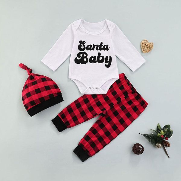 

clothing sets babies christmas 3pcs clothes set born infant baby boys girls long sleeve letter print romper plaid pants cap for 0-18 months, White