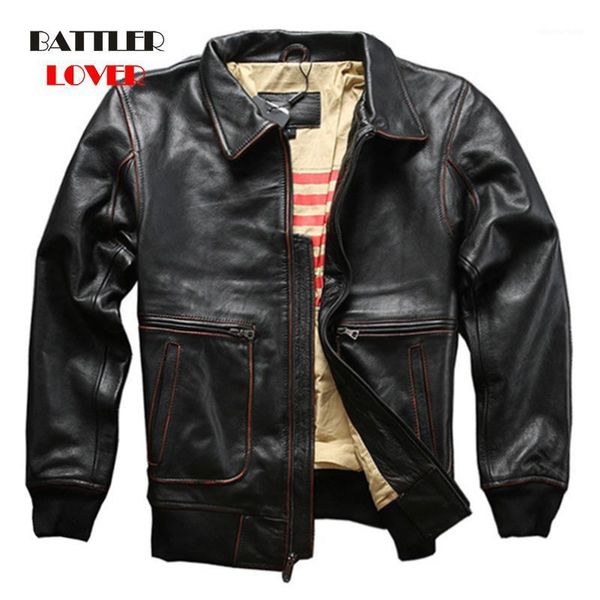 

men's leather & faux retro vintage flight genuine cow jackets for men layer cowhide coats male motor biker overcoats, Black