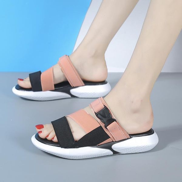 

sandals fashion open toe sports t-shaped buckle thick heel platform shoes 2021 women's summer flat casual slippers, Black