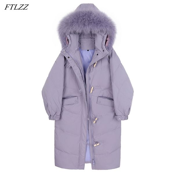 Inverno grande real raposa pele com capuz longo para baixo jaqueta espessa roxo chifre de chifre de boi quente outwear 90% branco pato casaco 210430