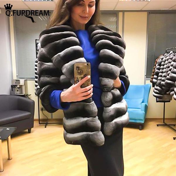 

women's fur & faux q.furdream woman fashion winter warm thick chinchilla color real rex coat three quarter sleeve big lapel jacket, Black
