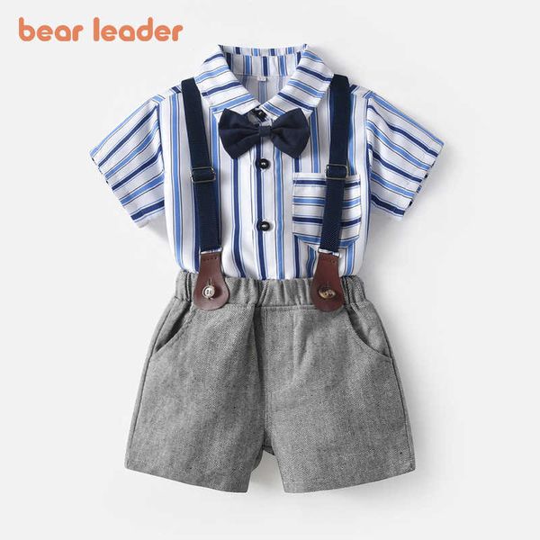 

bear leader summer baby boys clothes sets fashion kids striped bowtie shirts and suspender shorts outfits children suit 2pcs 210708, White