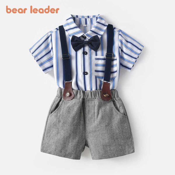 Bärenführer Sommer Baby Jungen Kleidung Sets Mode Kinder Gestreifte Bowtie Shirts und Hosenträger Shorts Outfits Kinder Anzug 2 stücke 210708