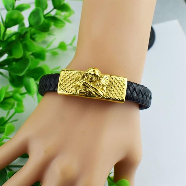

bangle capbus men's leather skull bracelet punk gold luxury stainless steel handmade rope gift accessories for friends, Black