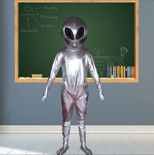 

mascot costumes smart silver grey extra-terrestrial et mascot saucer man alien with big black eyesl mascot costume fancy dress halloween gif, Red;yellow