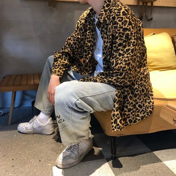 

men's casual shirts autumn cotton leopard shirt fashion retro men korean loose long-sleeved mens society dress -xl, White;black
