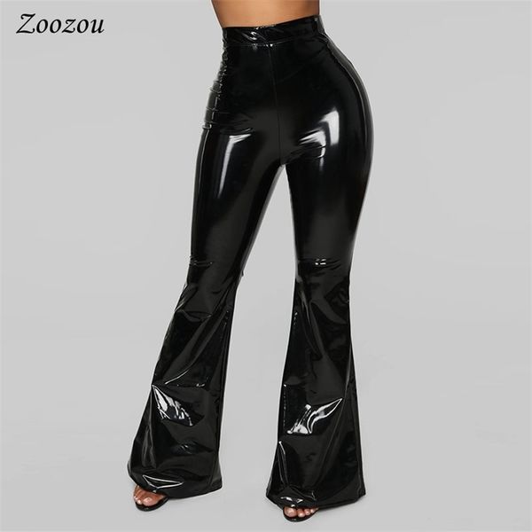 Hohe Taille PU-Patentleder-Flare-Hosen Frauen Skinny Black Sexy Slim Latex-Hosen Lässige Faux Wide Leg Custom 210915