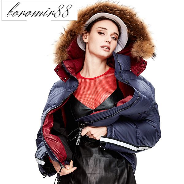 

2021 womens jiazehua outwear parkas winter women's fashion down jacket reflective strip hooded wool collar short silhouette trend, Black