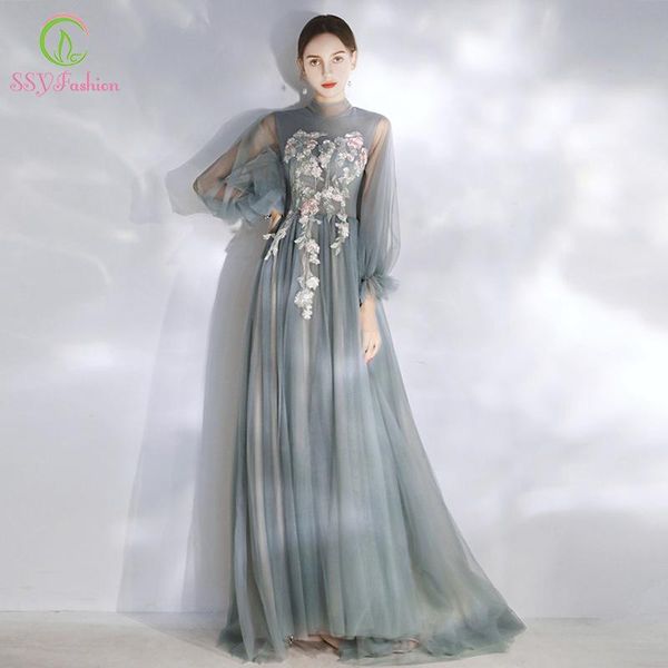 

party dresses ssyfashion romantic flower fairy evening dress long sleeve lace appliques beading grey blue prom formal gowns custom, White;black