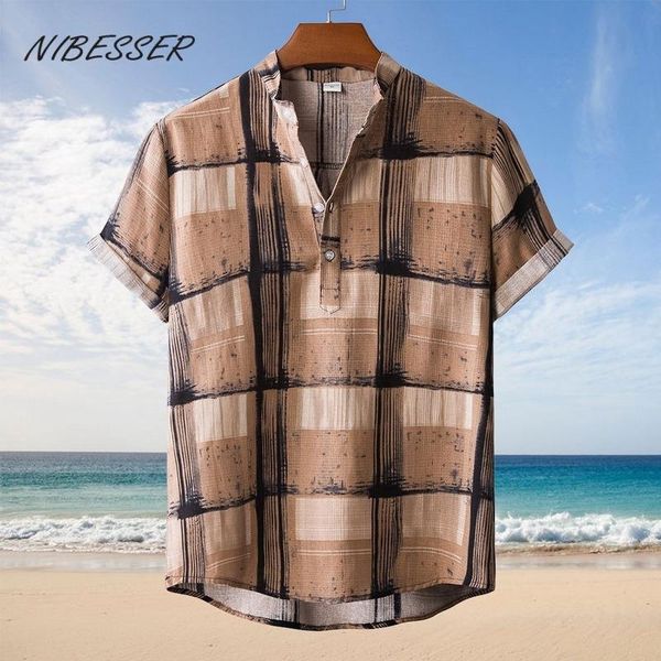

men's casual shirts nibesser 2021 short sleeve streetwear summer printing men lapel brand chic button camisa hawaiian shirt beach wear, White;black