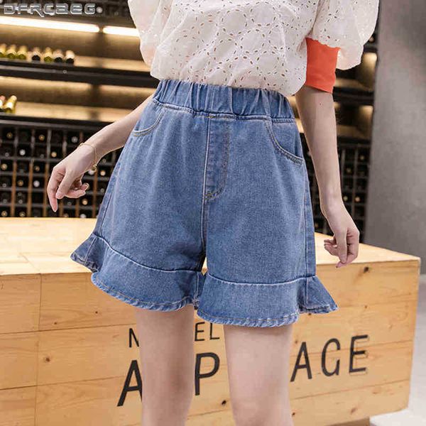 

women's shorts summer women denim casual stretch elastic waist short feminino loose big size jeans ruffles wide leg o5dx, White;black