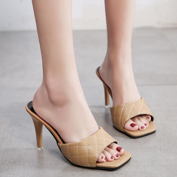

slippers drop women red pu square toe summer solid color outside thin high heels sandals woman plus size slides, Black