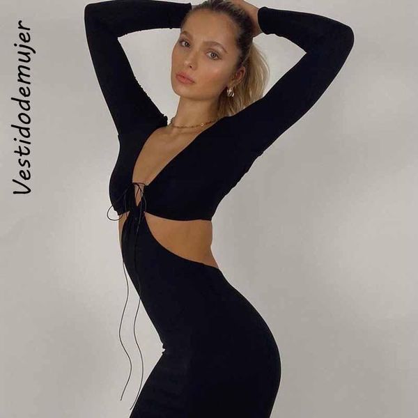 

casual dresses vestido de mujer autumn long sleeve halter cut out black maxi dress women slim fashion outfits split skinny, Black;gray
